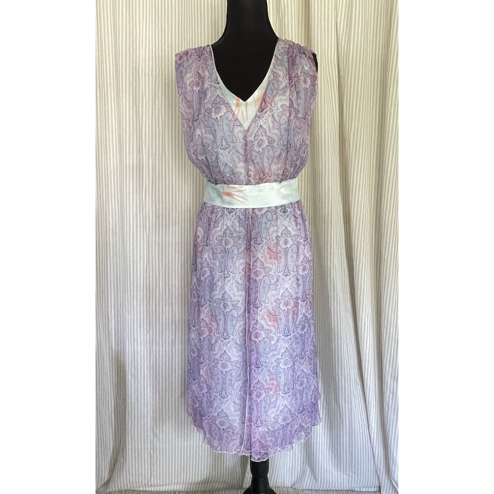 J. Peterman Women Silk Dress 8 Lavender Paisley Sleeveless Midi Empire Waist - Picture 2 of 8